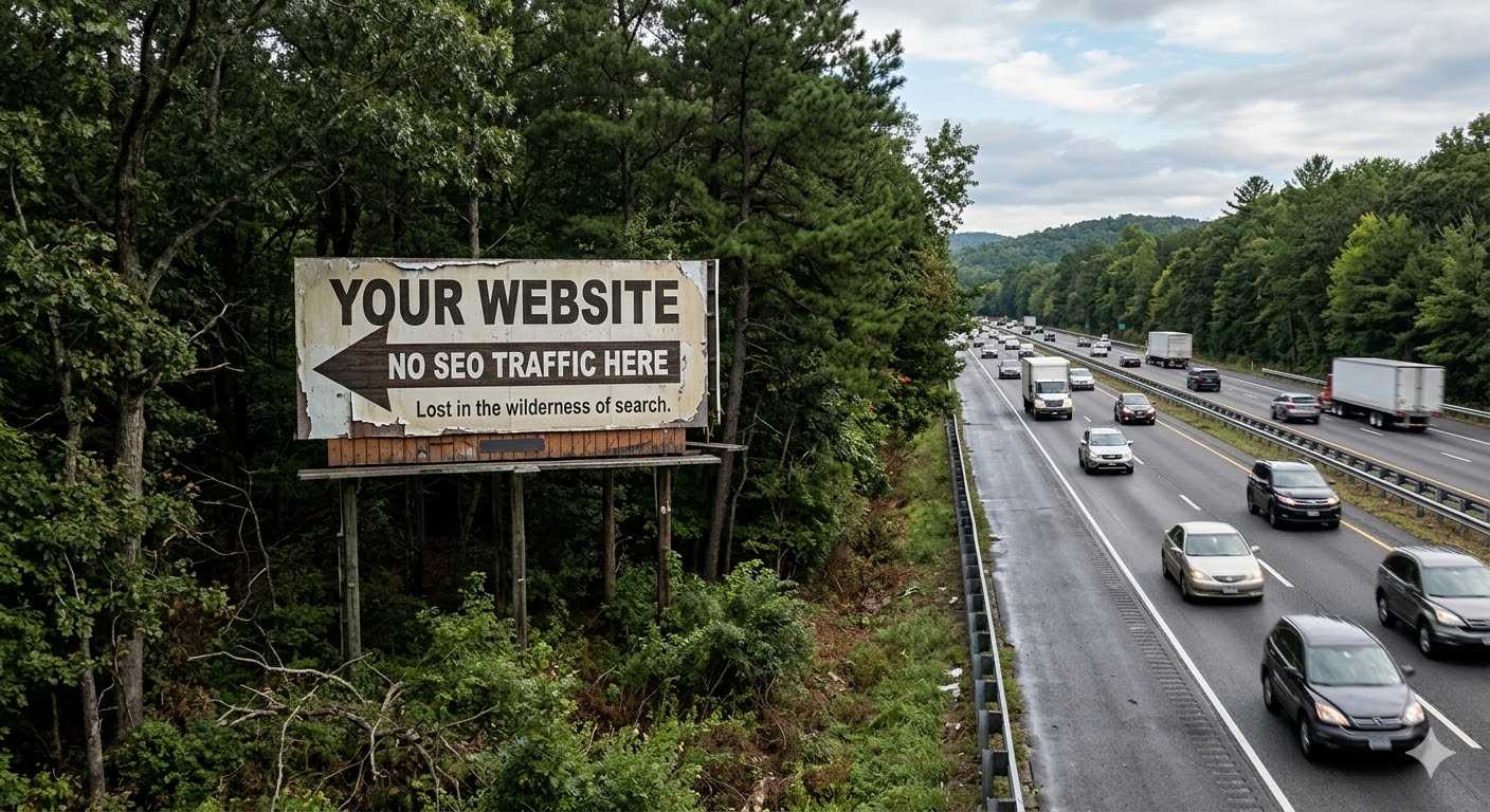Billboard in the woods. A metaphor for a business with a website but no local SEO.