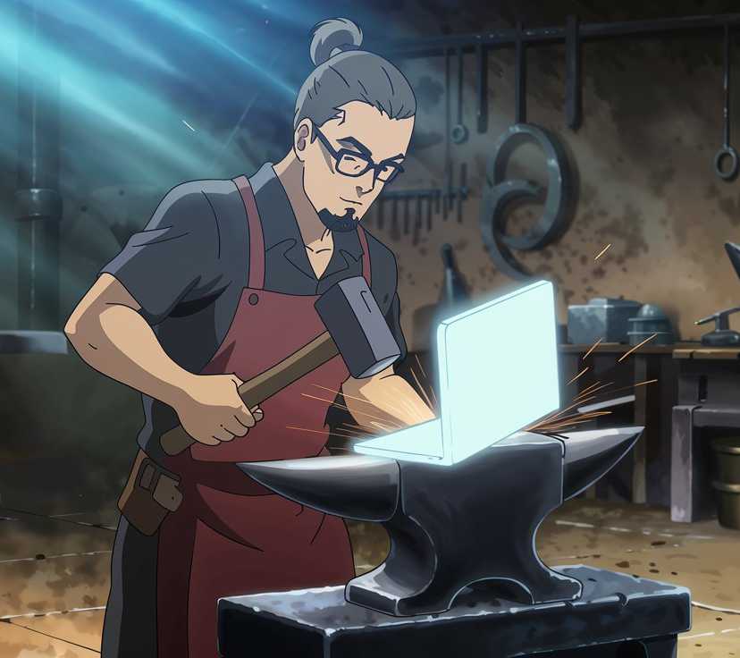 Blacksmith forging a laptop