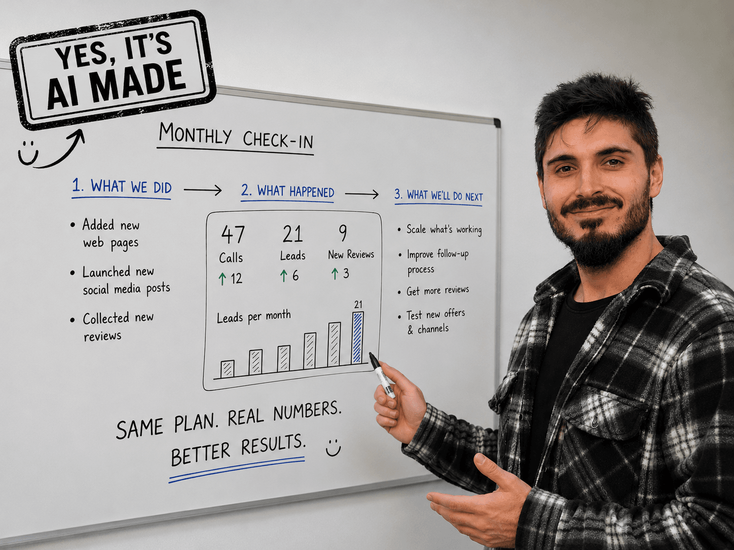 AI-made illustration of Kiko at a whiteboard walking through a sample monthly check-in: what we did, what happened (47 calls, 21 leads, 9 new reviews), and what we'll do next